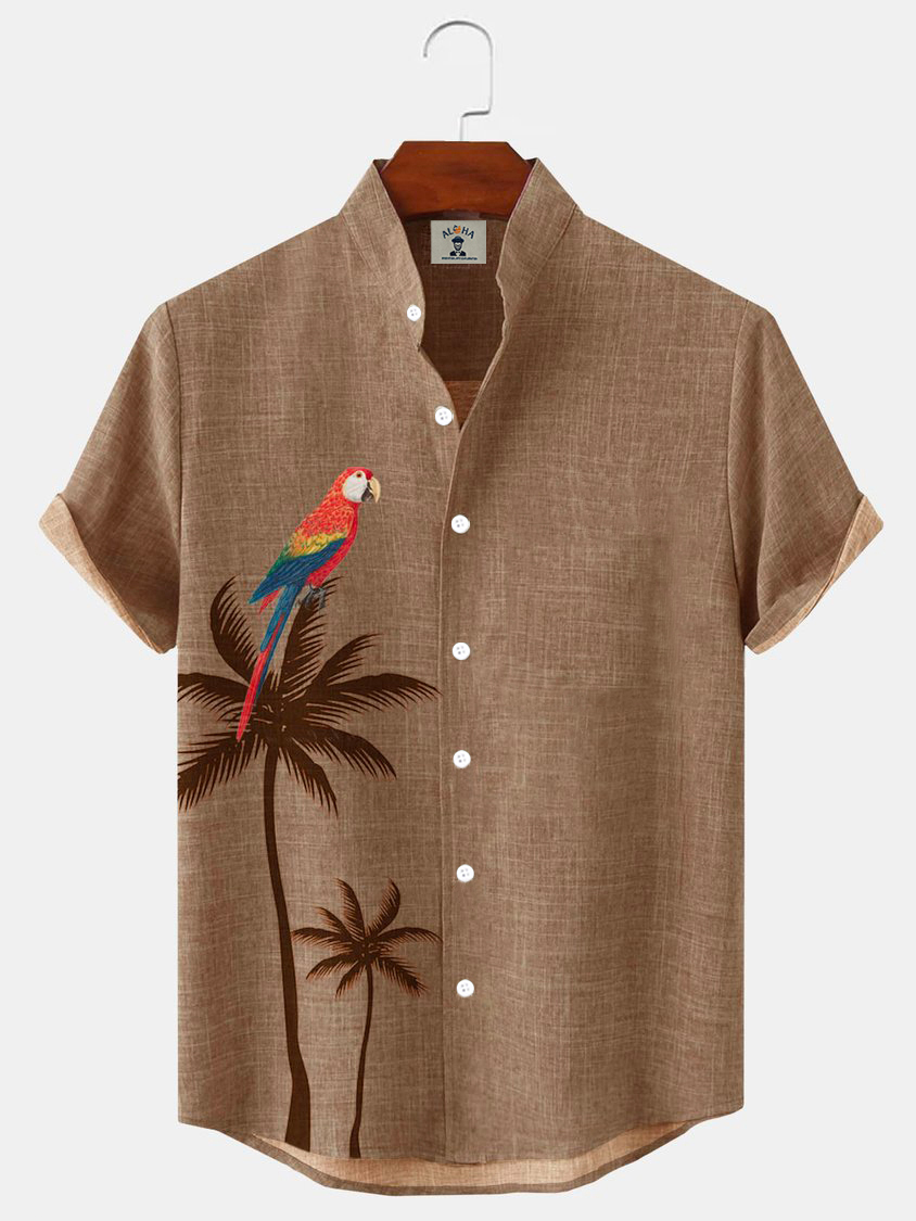 Men's Palm Tree Parrot Print Casual Short Sleeve Shirt-Garamode
