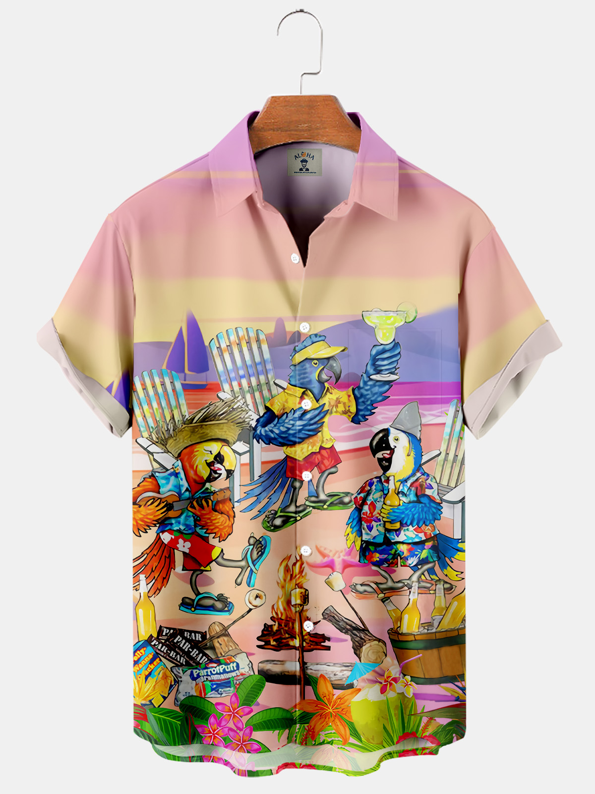 Men's Hawaiian Parrot Seaside Cocktail Party Print Short Sleeve Shirt-Garamode