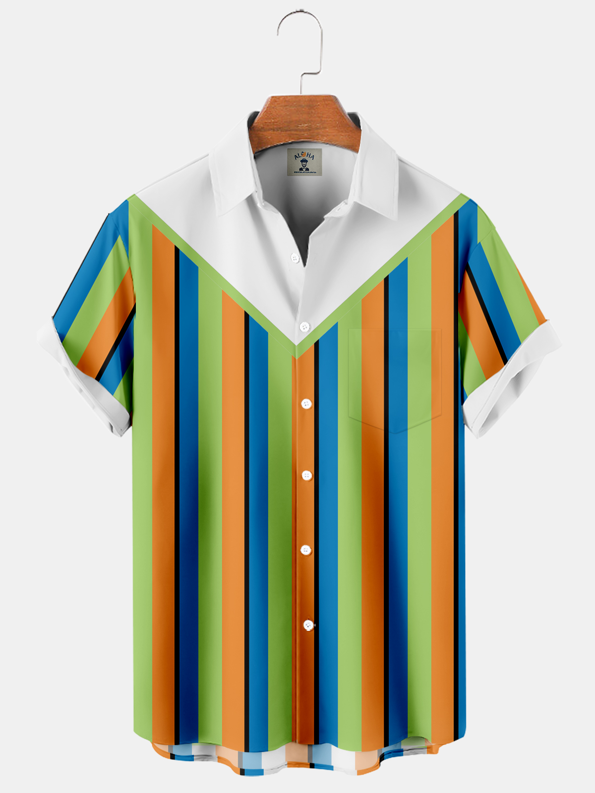 Men's Cartoon Stripe Print Loose Hawaiian Pocket Short Sleeve Shirt-Garamode