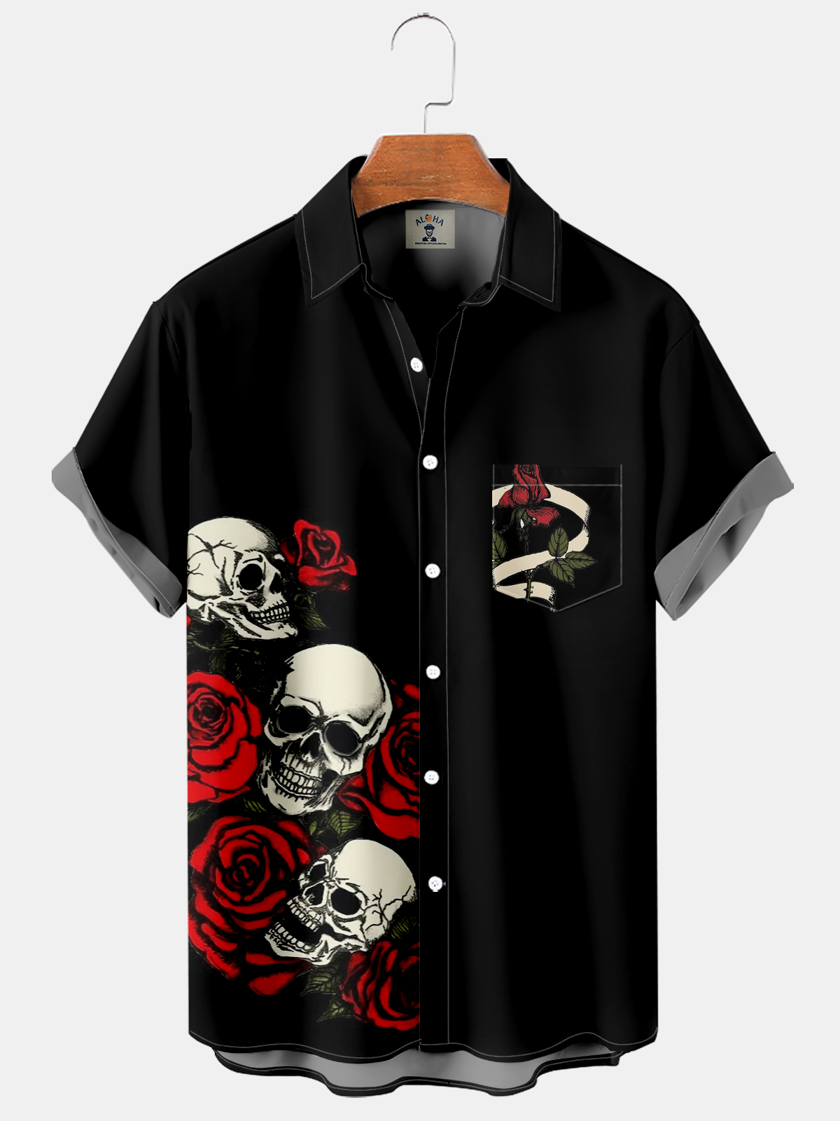 Men's Rose Death Print Pocket Loose Short Sleeve Shirt-Garamode