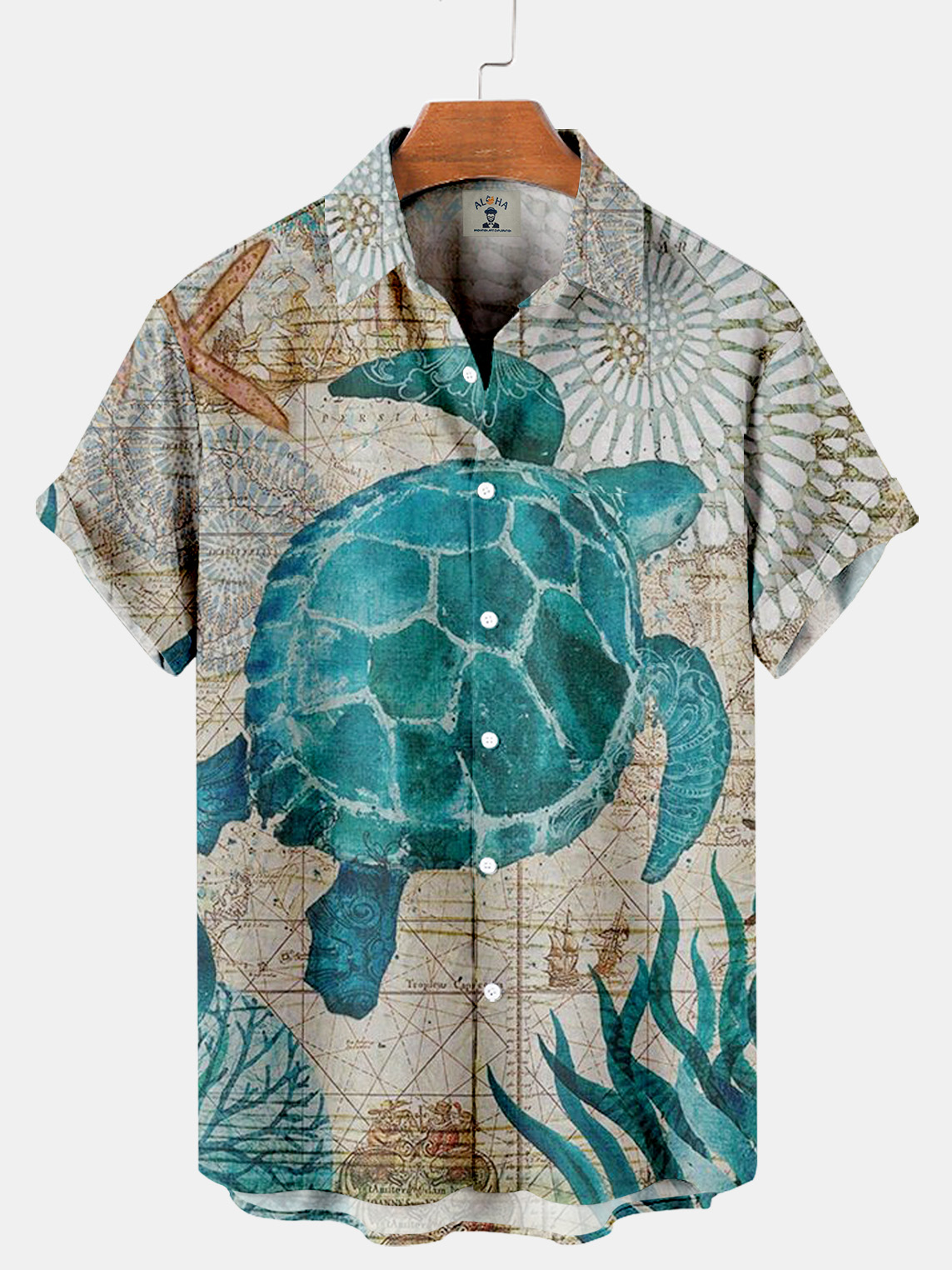 Men's Nautical Map Turtle Vintage Short Sleeve Shirt-Garamode