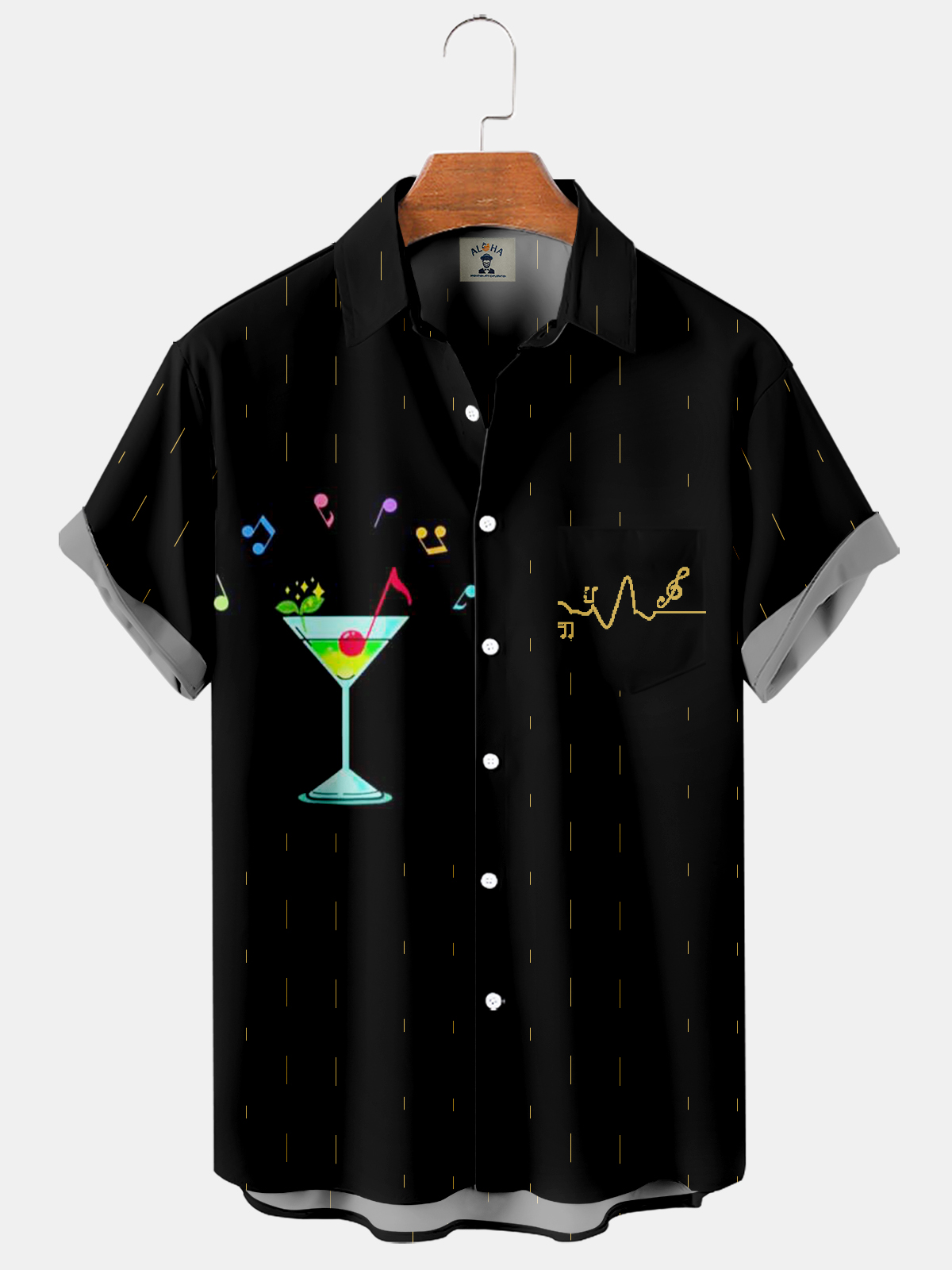 Men's Musical Cocktail Print Pocket Hawaiian Short Sleeve Shirt-Garamode