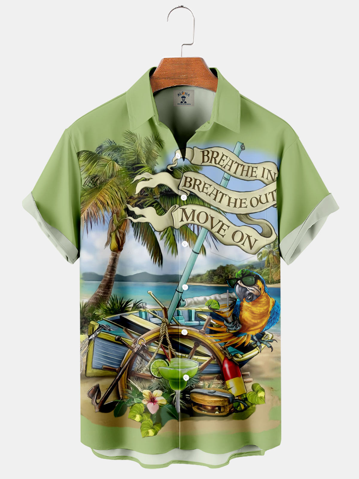 Men's Hawaiian Seaside Parrot BREATH IN BREATHE OUT MOVE ON Printed Short Sleeve Shirt-Garamode