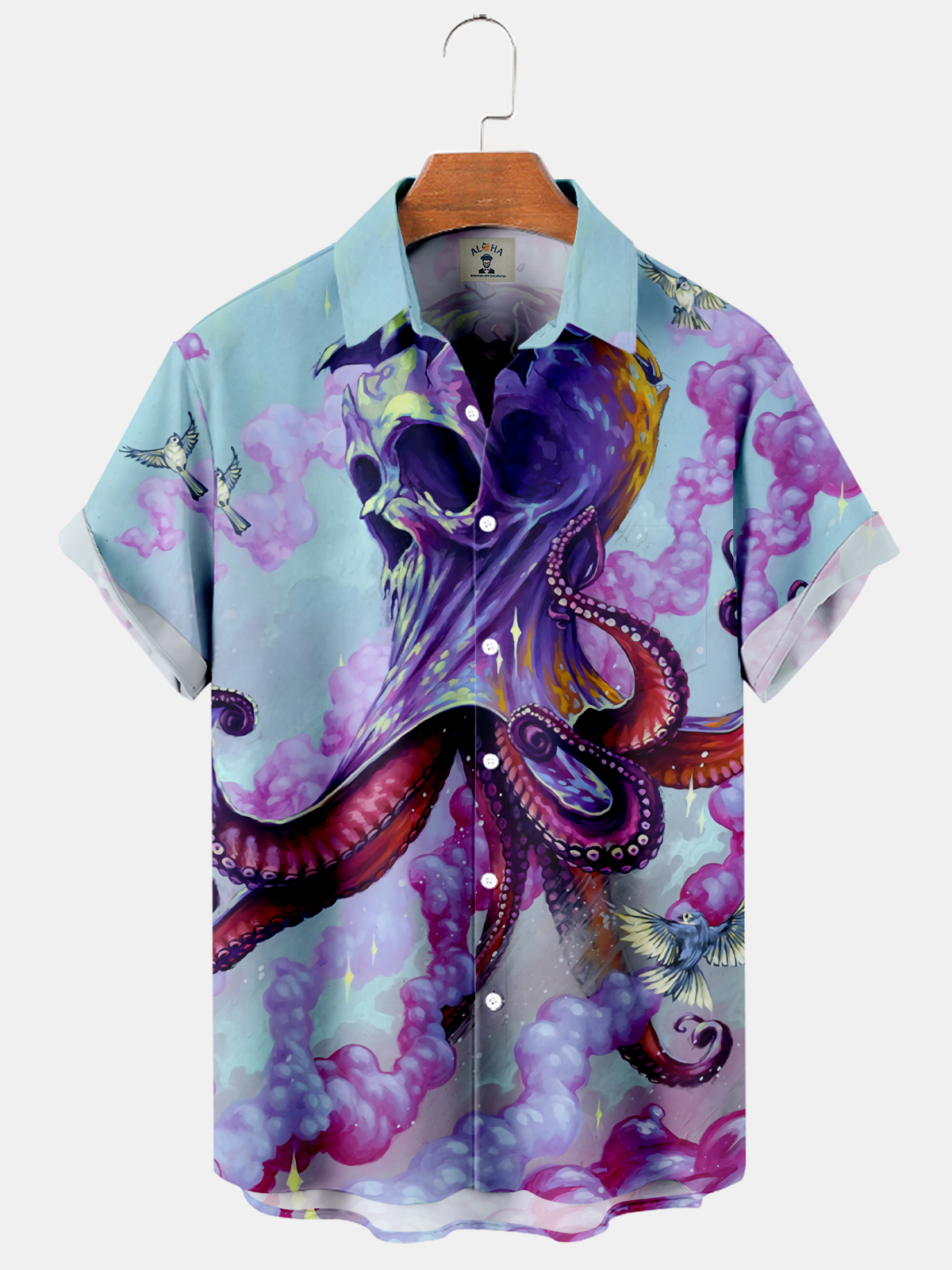 Men's Hawaiian Casual Skull Octopus Print Short Sleeve Shirt-Garamode