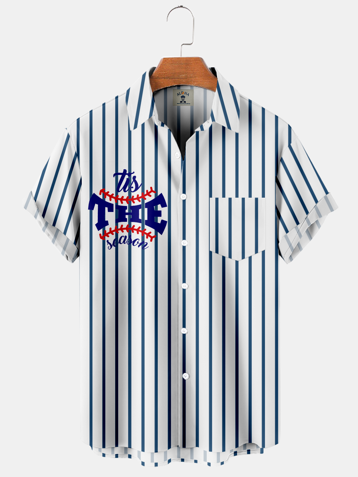 Men's Casual Striped Baseball TIS THE SEASON Print Short Sleeve Shirt-Garamode