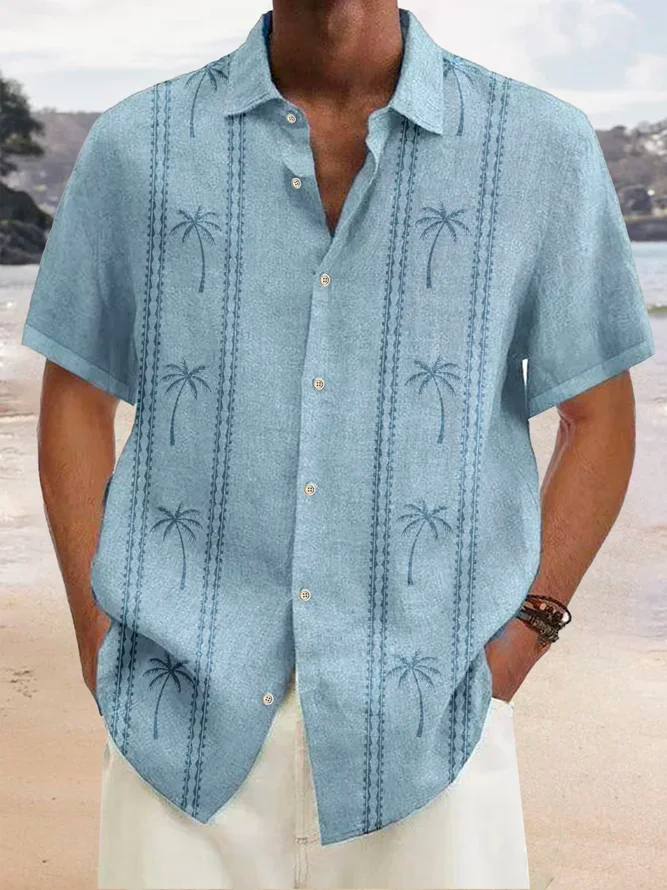 Men's Casual Simple Hawaiian Coco Stripe Print Short Sleeve Shirt-Garamode