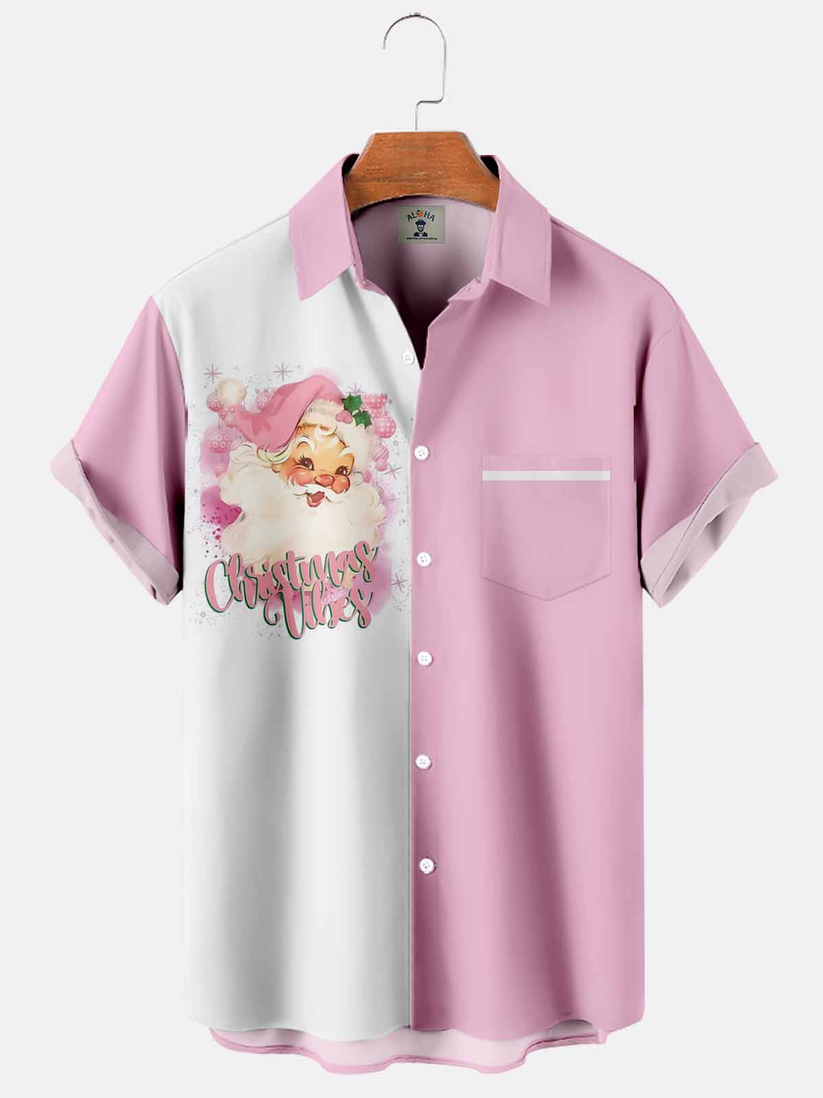 Christmas Pink Santa Claus Color Printing Simple Casual Short Sleeve Shirt-Garamode