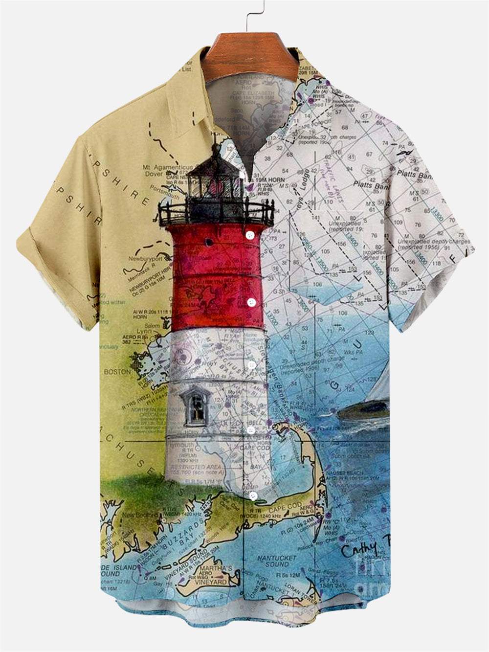 Men's Casual Simple Lighthouse Map Patchwork Print Shirt-Garamode