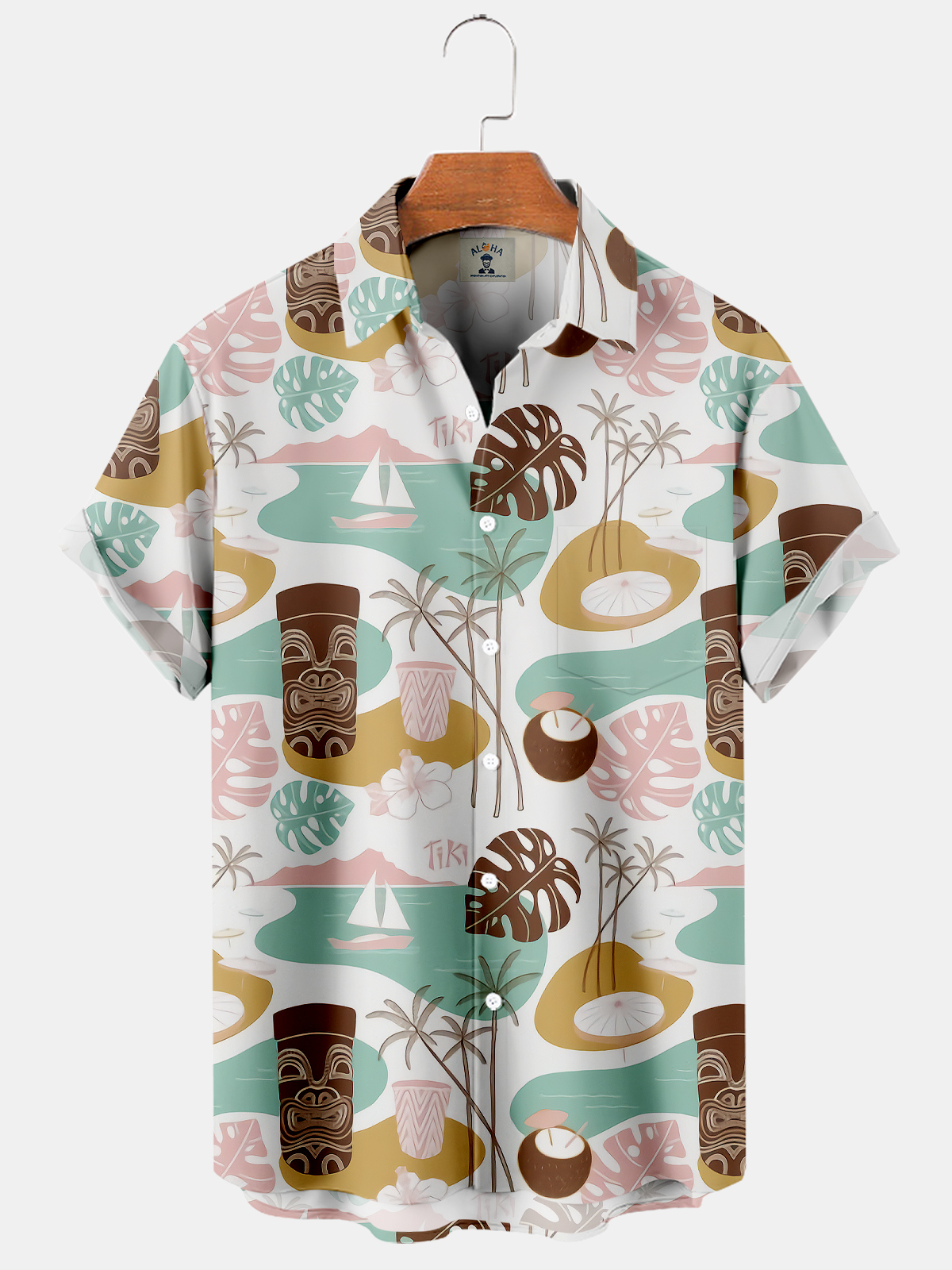 Men's Hawaiian TIKI Mask Palm Leaf Print Short Sleeve Shirt-Garamode