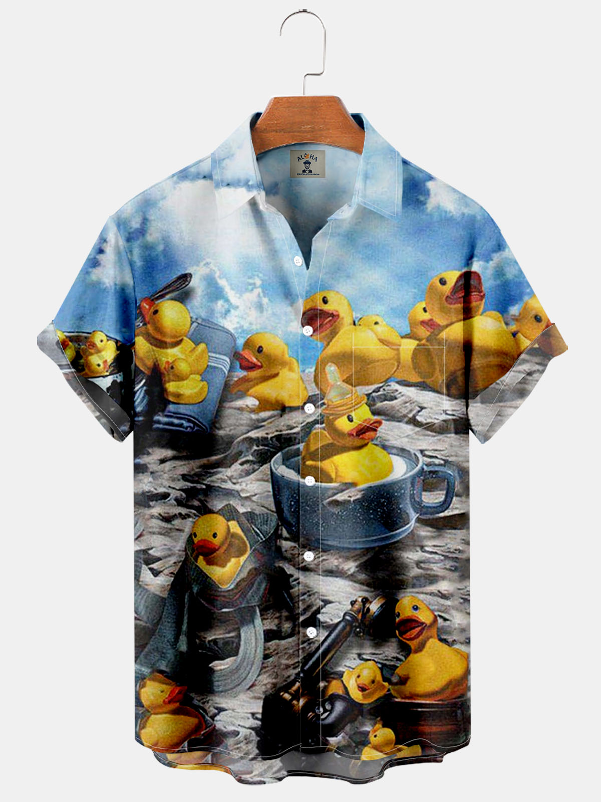 Yellow Fashion Duckling Cup Beach Print Short Sleeve Shirt-Garamode