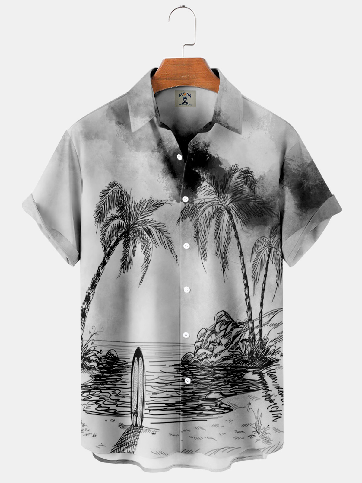 Hawaiian Beach Line Drawing Gradient Print Pocket Short Sleeve Shirt-Garamode