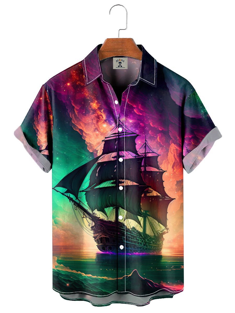 Hawaiian Nautical Sailing Print Pocket Short Sleeve Shirt-Garamode