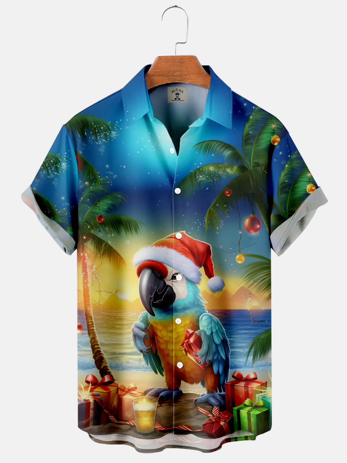 Men's Christmas Parrot and Presents Print Short Sleeve Shirt-Garamode
