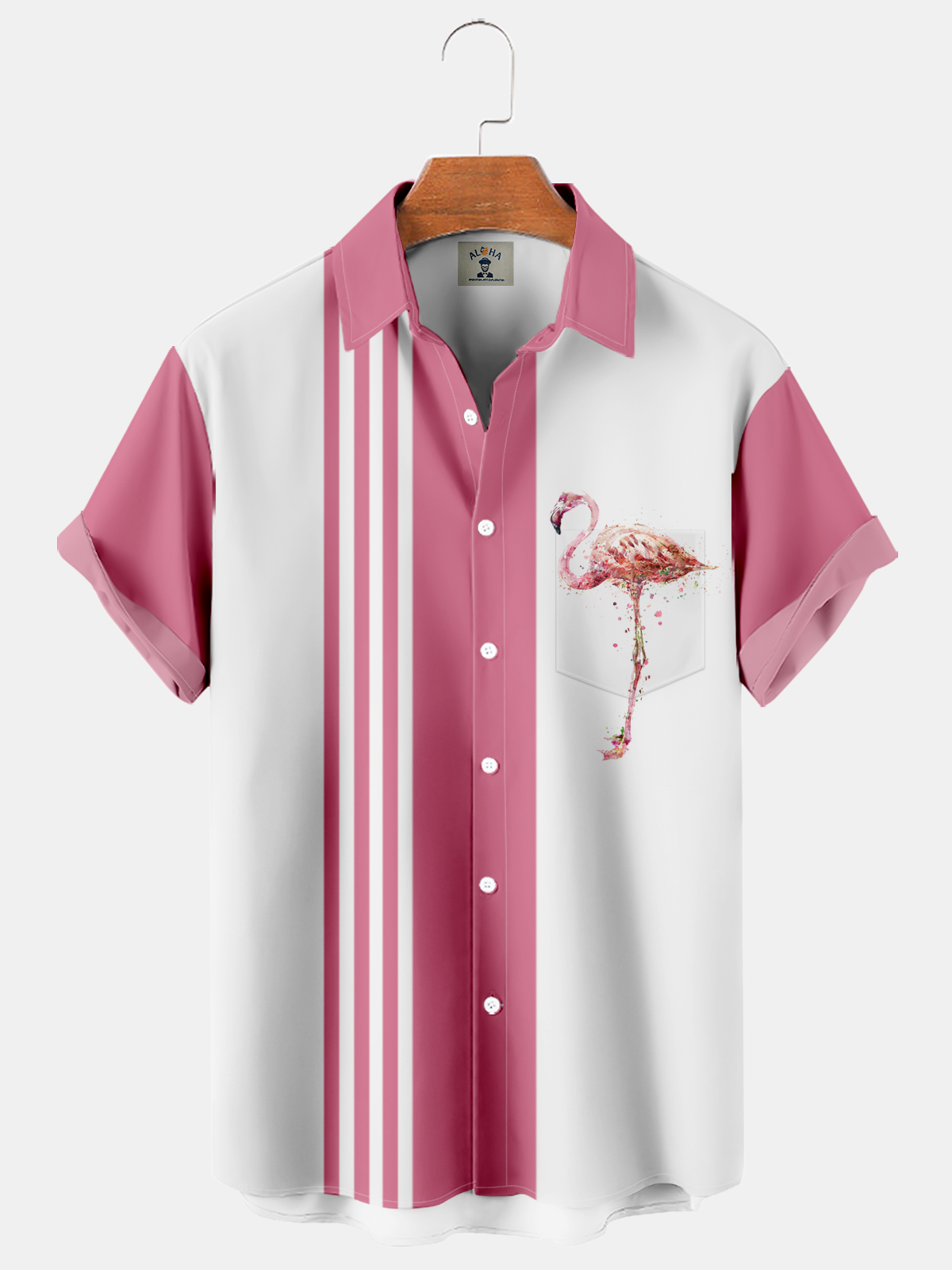 Flamingo Basic Print Pocket Short Sleeve Bowling Shirt-Garamode