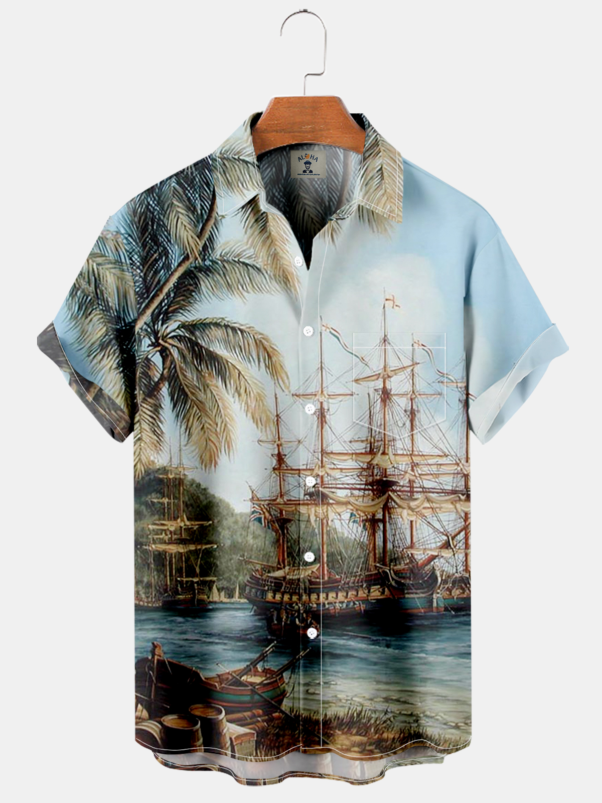 Hawaiian Vintage Coconut Sailboat Print Short Sleeve Shirt-Garamode