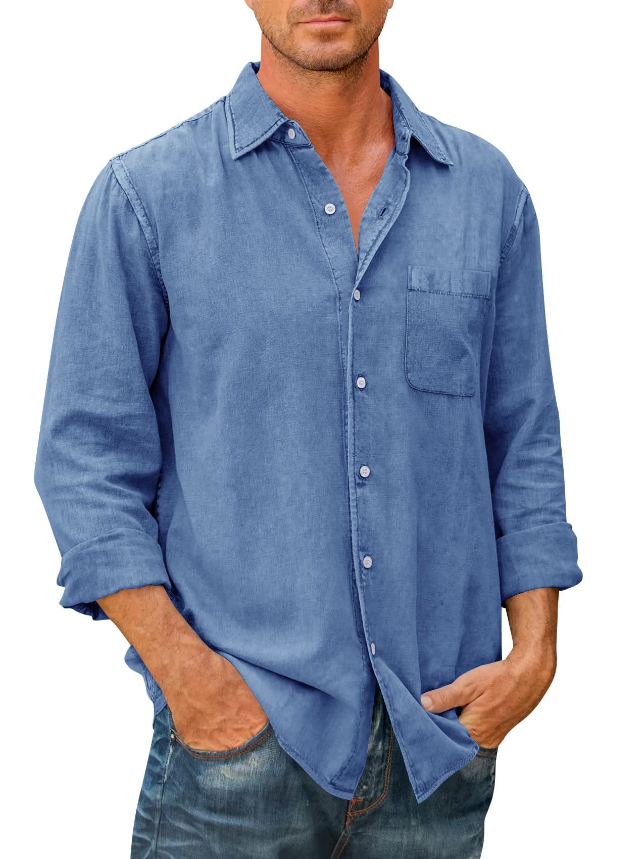 Men's Solid Color Pocket Cotton-blend Long Sleeve Shirt-Garamode