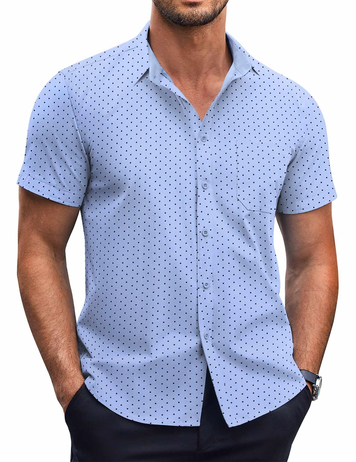 Men's Elegant Polka Dot Classic Print Wrinkle Resistant Basic Classic Short Sleeve Shirt-Garamode