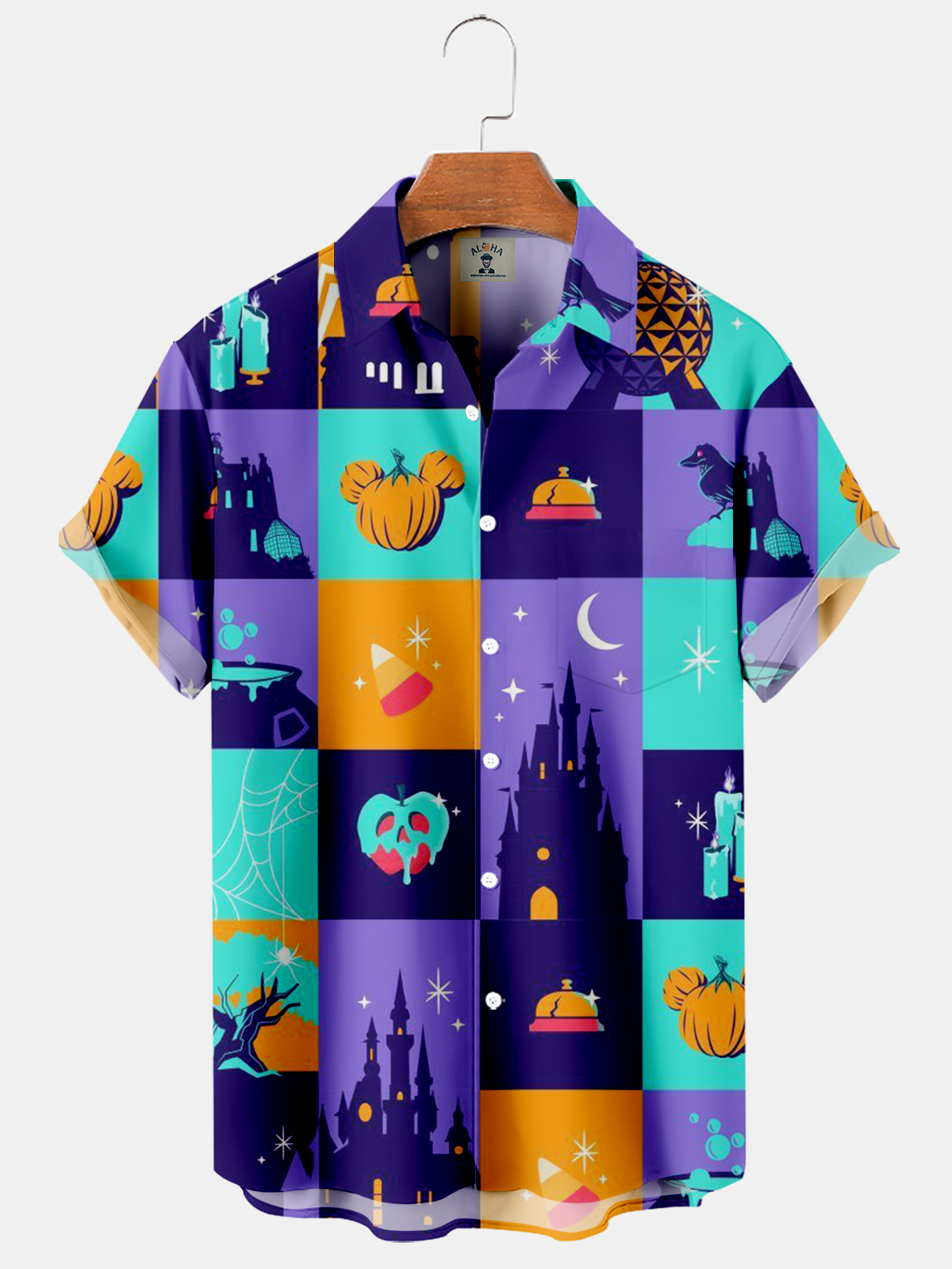 Men's Color Block Stitching Cartoon Fun Halloween Short Sleeve Shirt-Garamode
