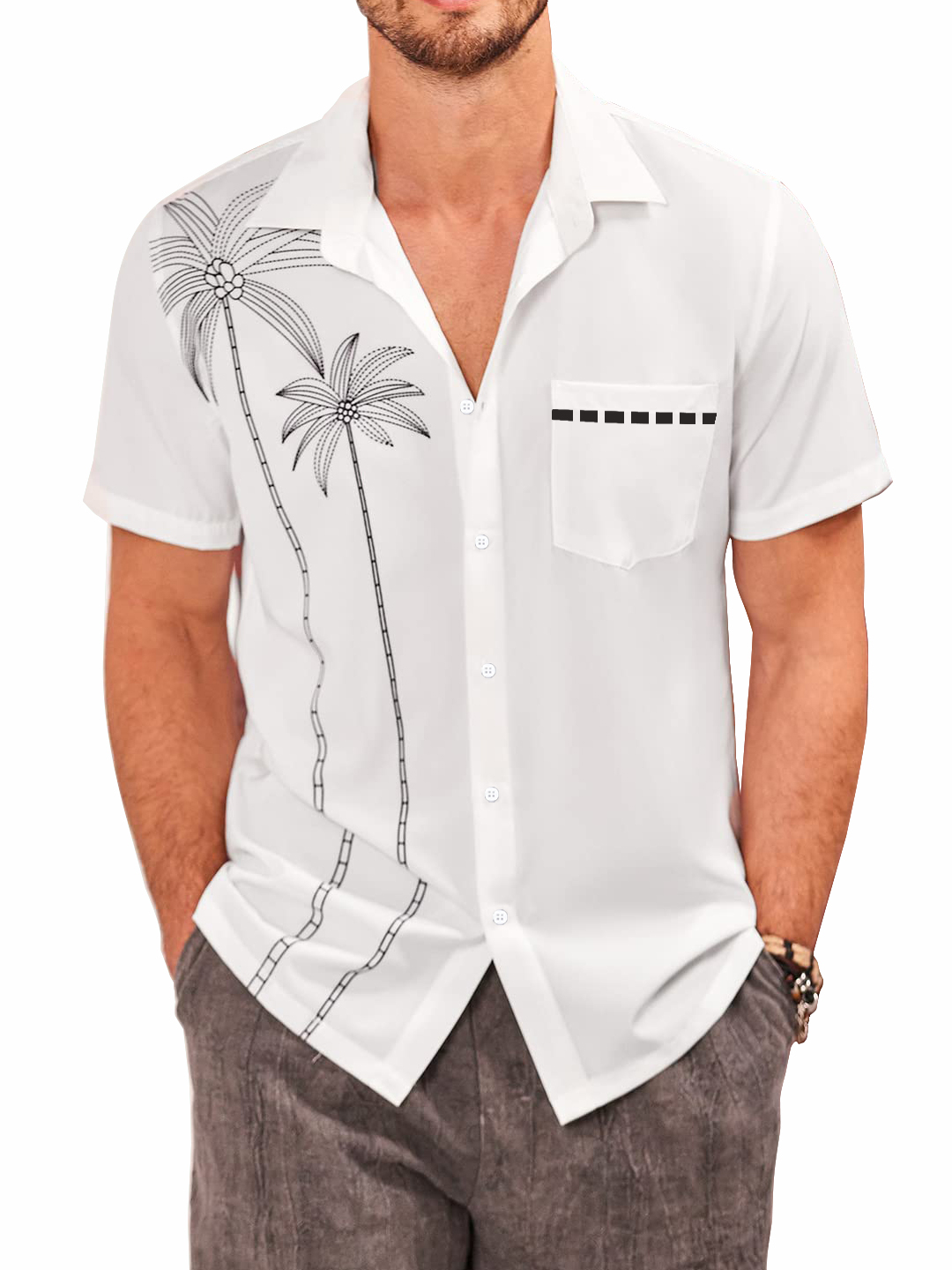 Men's Palm Tree Print Relaxed Pocket Hawaiian Short Sleeve Shirt-Garamode