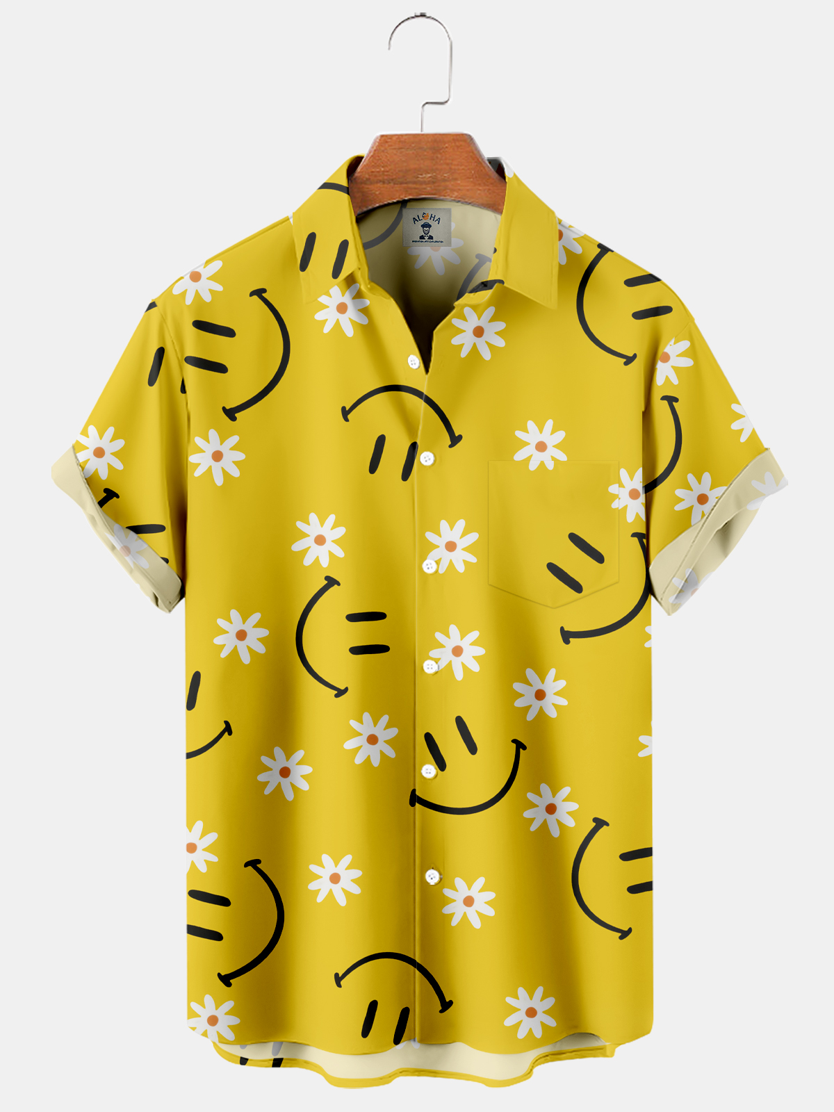 Men's Casual Hawaiian Smiley and Daisy Print Short Sleeve Shirt-Garamode