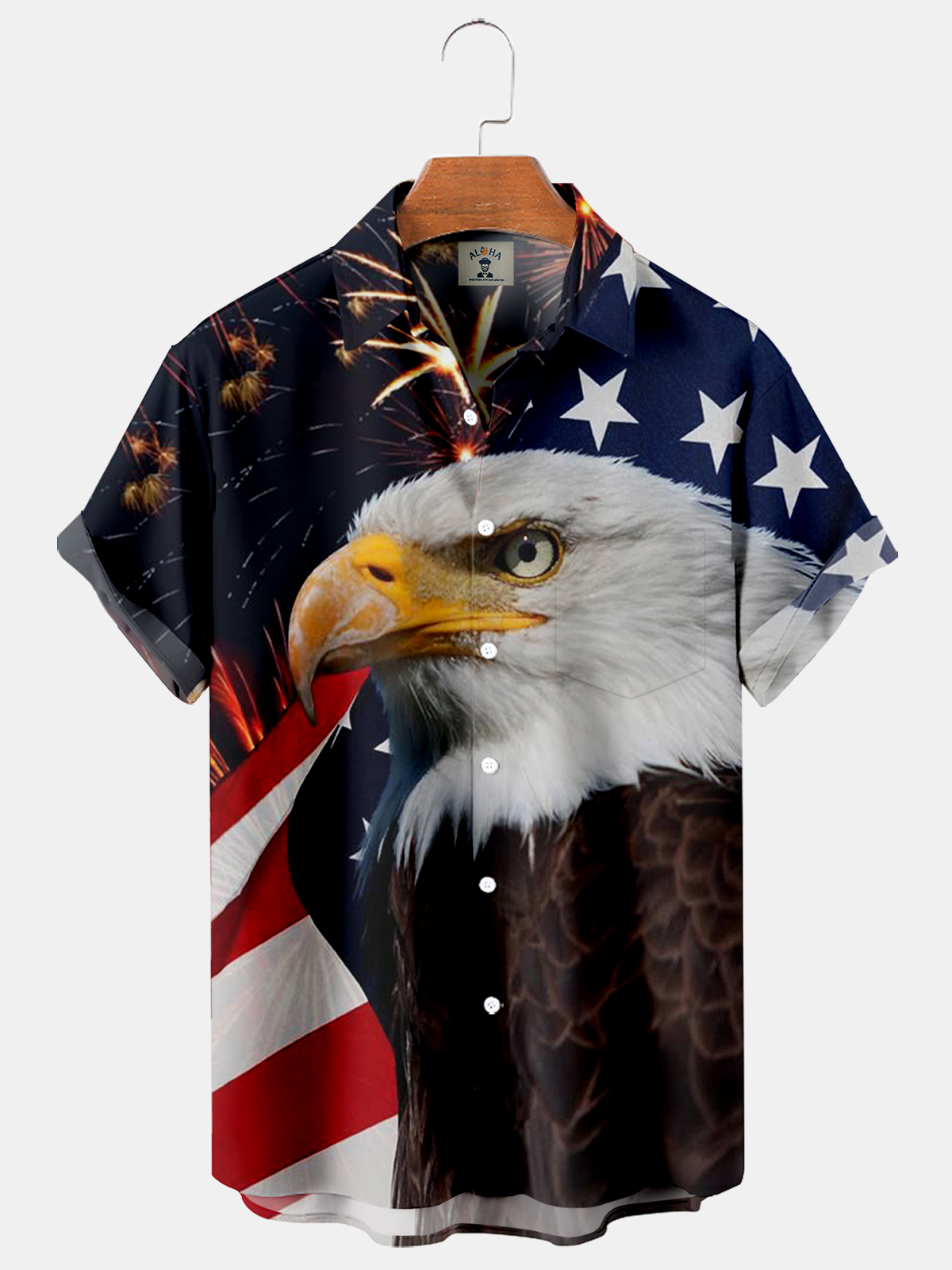 American Flag Eagle Print Pocket Short Sleeve Shirt-Garamode