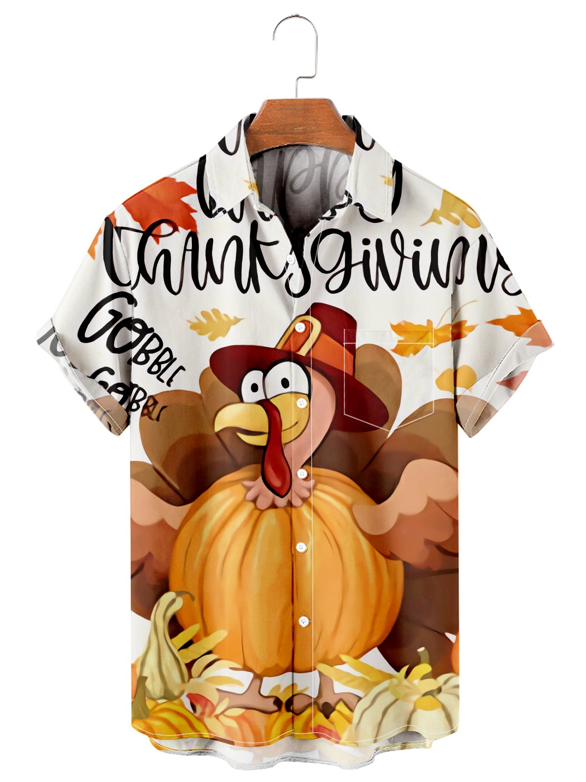 Men's Thanksgiving Themed Turkey Pumpkin Leaf Alphabet Print Shirt-Garamode