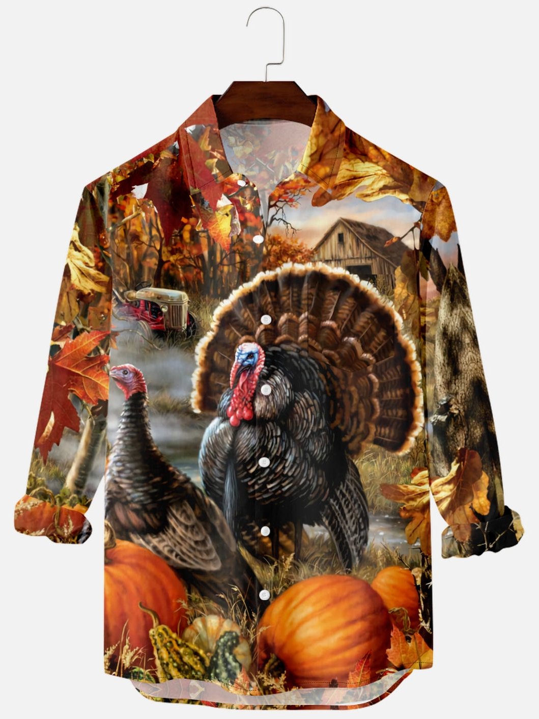 Men's Thanksgiving Pumpkin Turkey Print Long Sleeve Shirt-Garamode