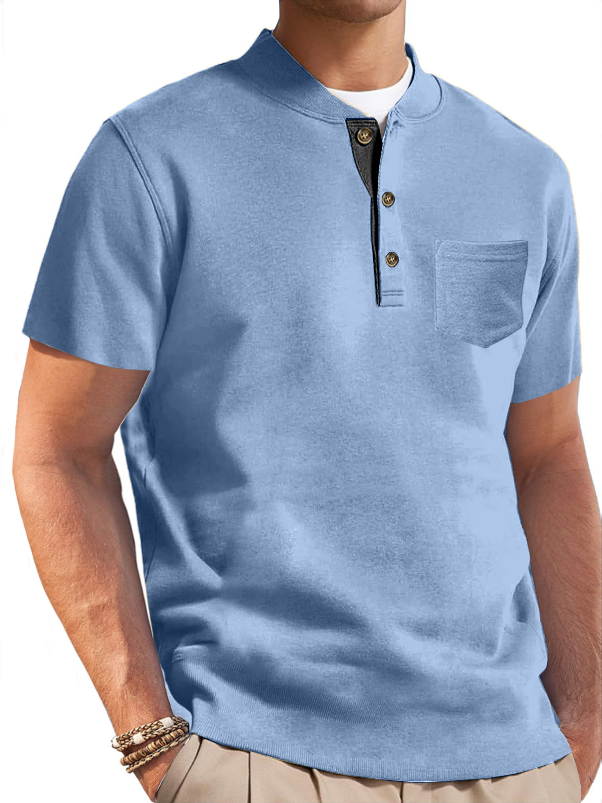 Men's Color Cotton Pocket Stretch Basics Simple Round Neck Henley Short Sleeve Top