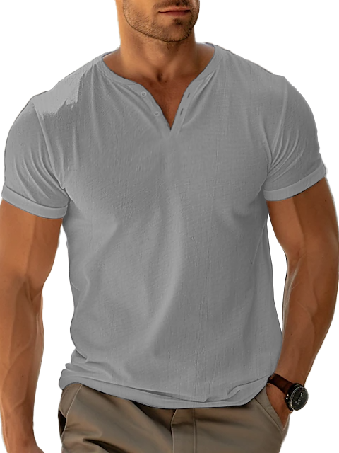 Men's Casual Henley Cotton Linen V-Neck T-Shirt-Garamode