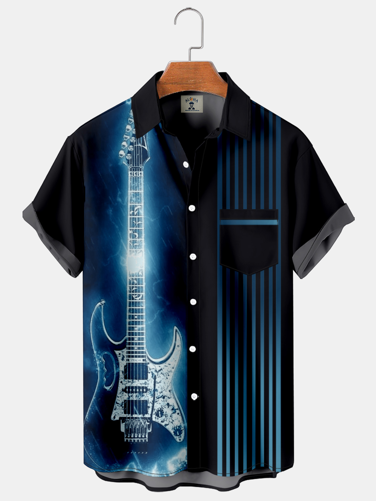 Music Guitar Gradient Print Pocket Short Sleeve Shirt-Garamode
