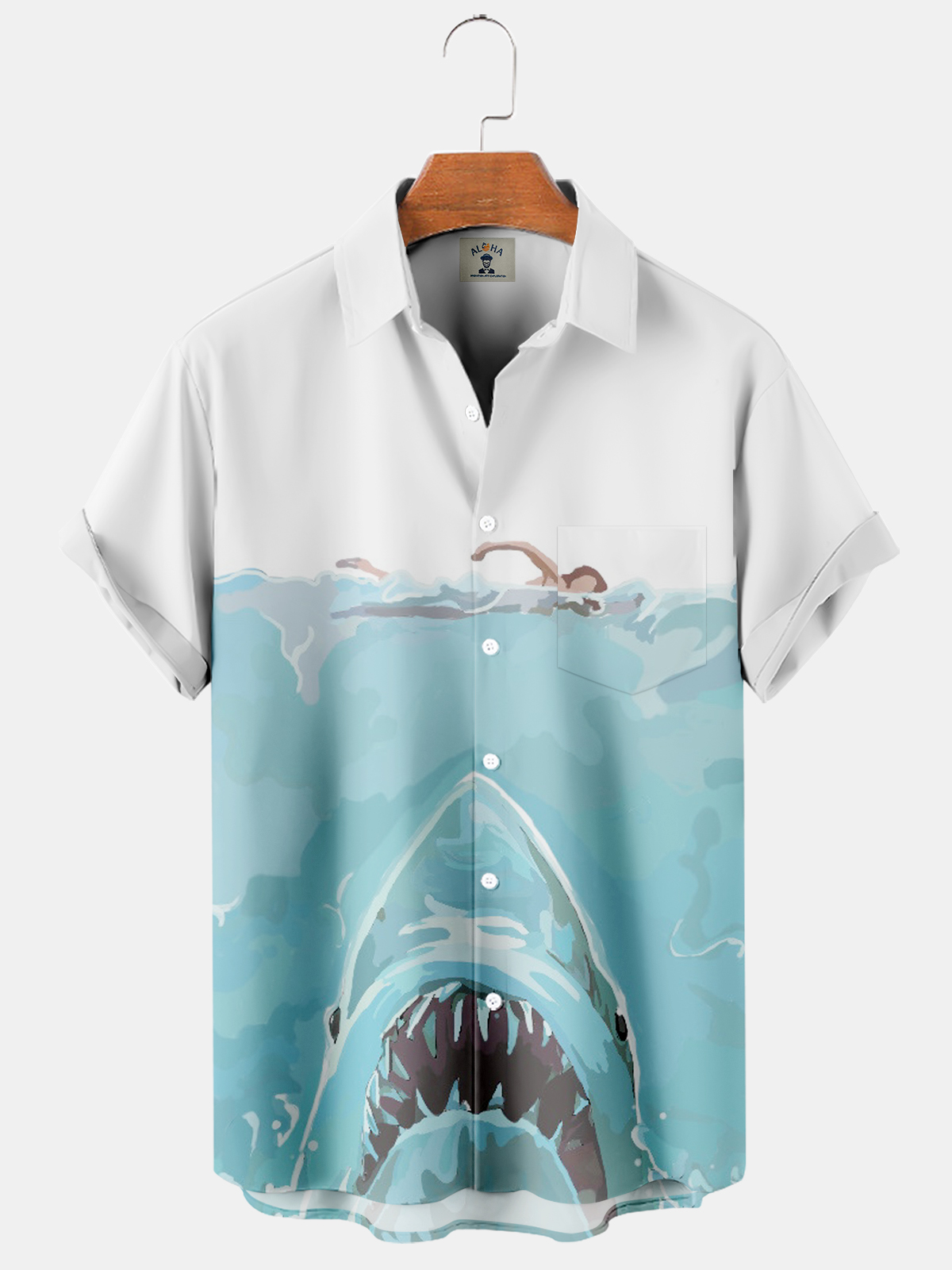 Men's Hawaiian Underwater Jaws Print Short Sleeve Shirt-Garamode