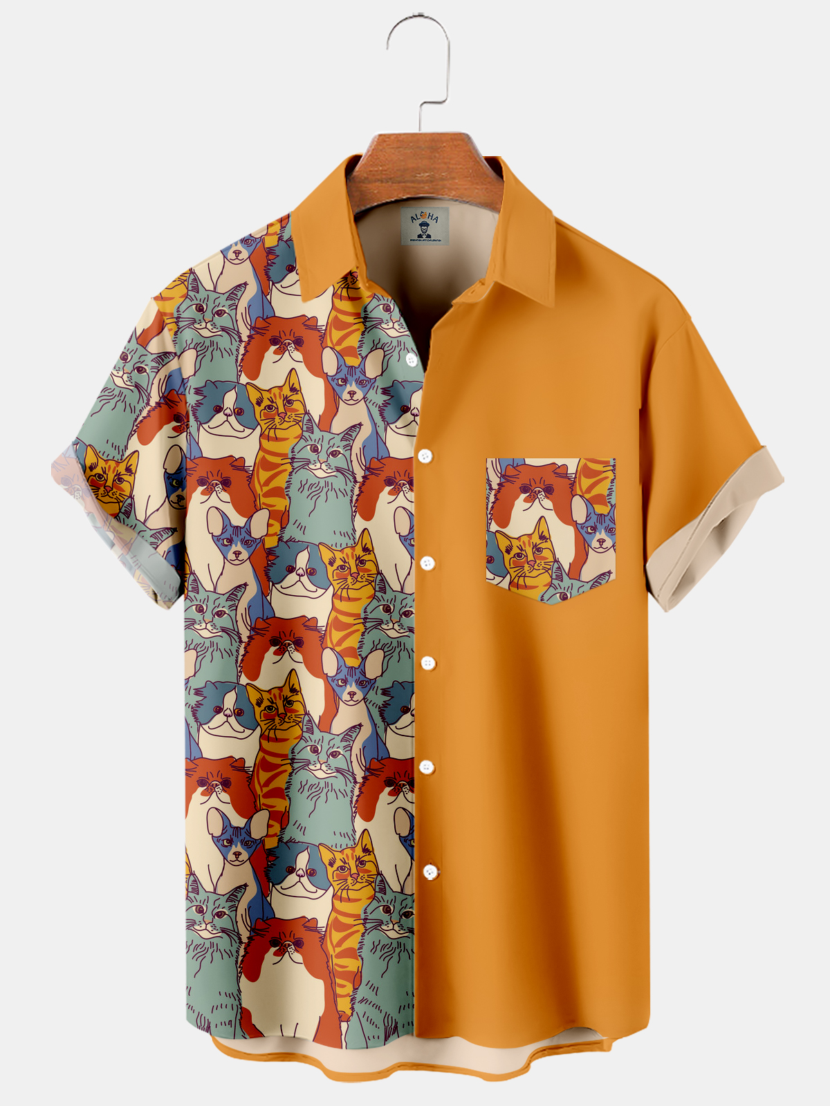 Men's Vintage Hawaiian Cat Color Block Print Short Sleeve Shirt-Garamode