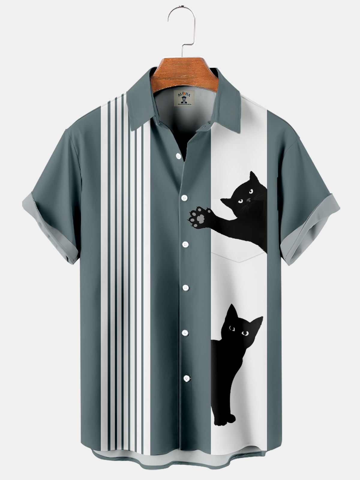 Men's Halloween Fun Pumpkin Black Cat Print Casual Loose Oversized Short Sleeve Shirt-Garamode