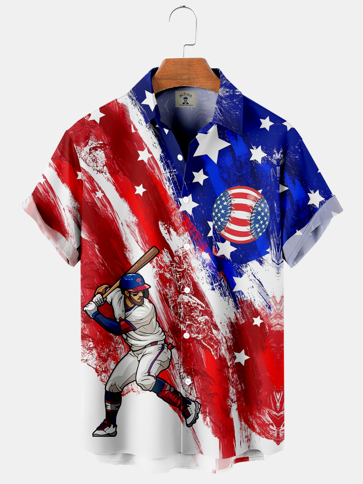 Men's Hawaiian American Flag Strike Baseball Print Short Sleeve Shirt-Garamode