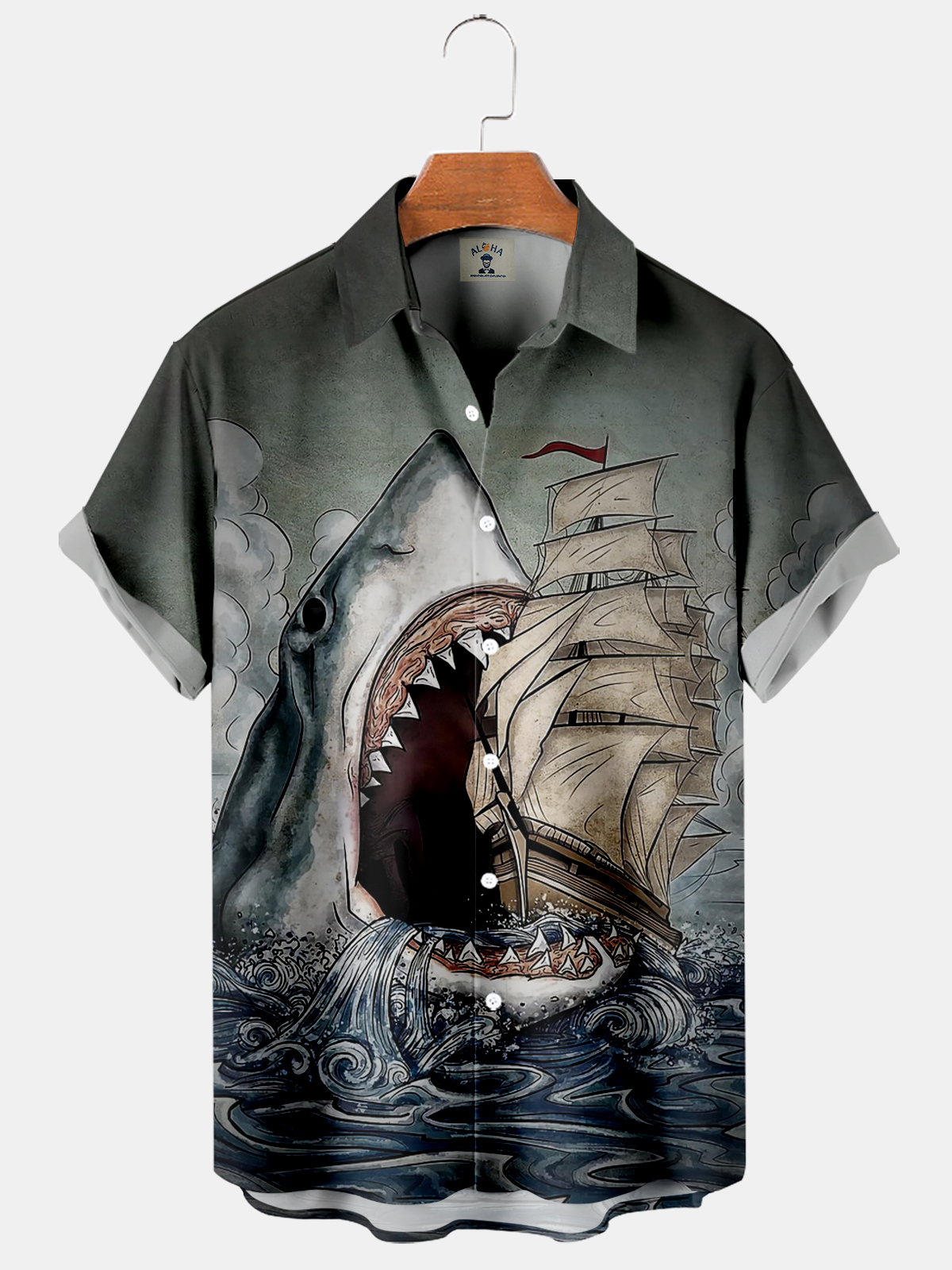 Men's Hawaiian Shark and Yacht Print Short Sleeve Shirt-Garamode