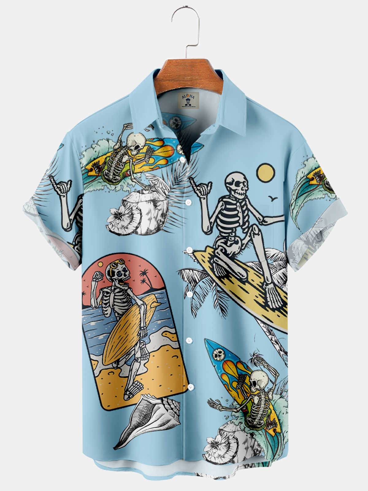 Men's Hawaiian Fun Skull Surf Print Short Sleeve Shirt-Garamode