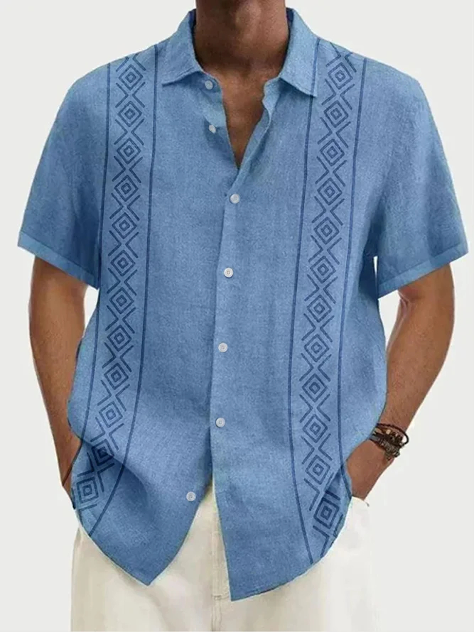 Men's Casual Simple Line Print Short Sleeve Shirt-Garamode