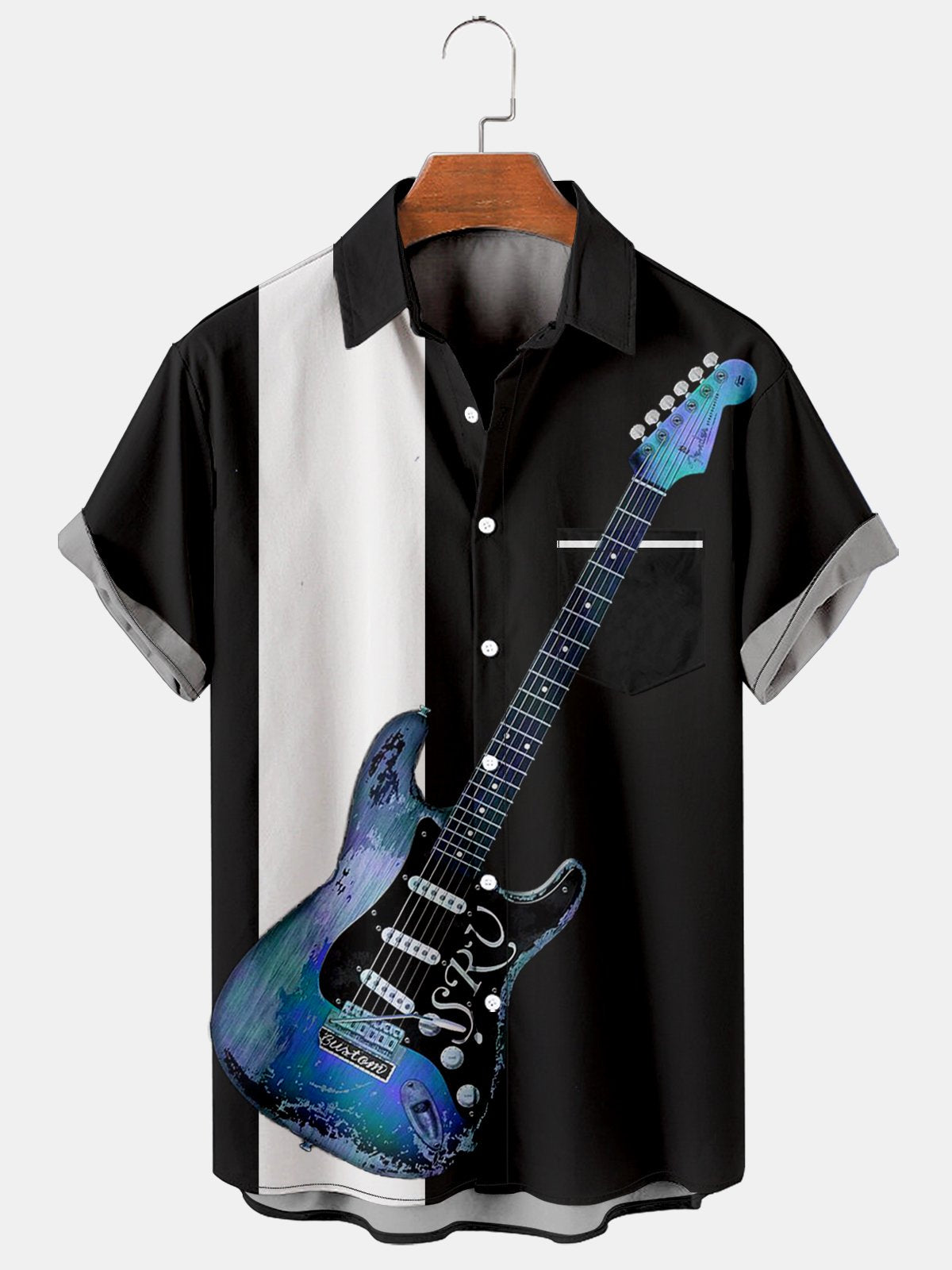 Men's Guitar Patchwork Casual Bowling Shirt-Garamode