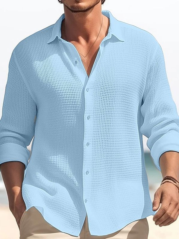Men's Simple Waffle Cozy Solid Color Long Sleeve Shirt-Garamode