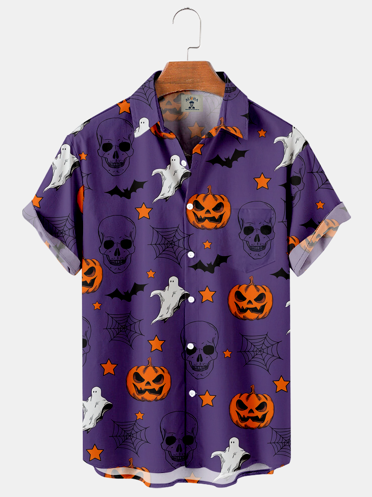 Men's Halloween Fun Pumpkin Skull Print Casual Loose Oversized Short Sleeve Shirt-Garamode