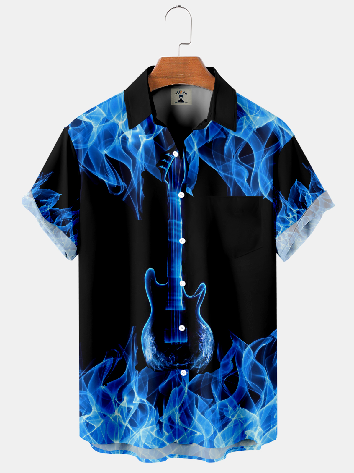 Men's Casual Hawaiian Flame Guitar Print Short Sleeve Shirt-Garamode
