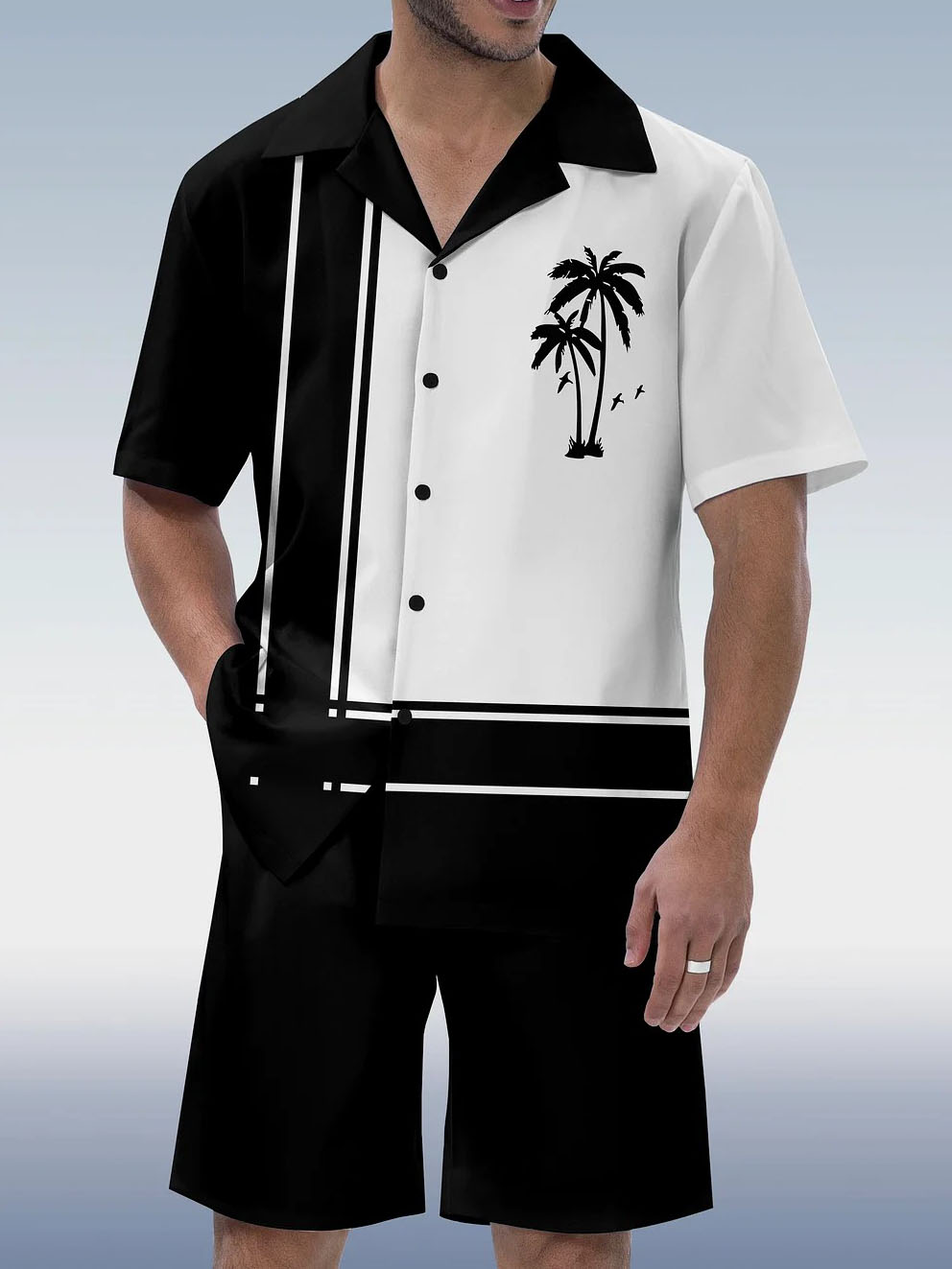 Hawaiian Stripe Coconut Print Cuban Collar Shirt Short Set-Garamode