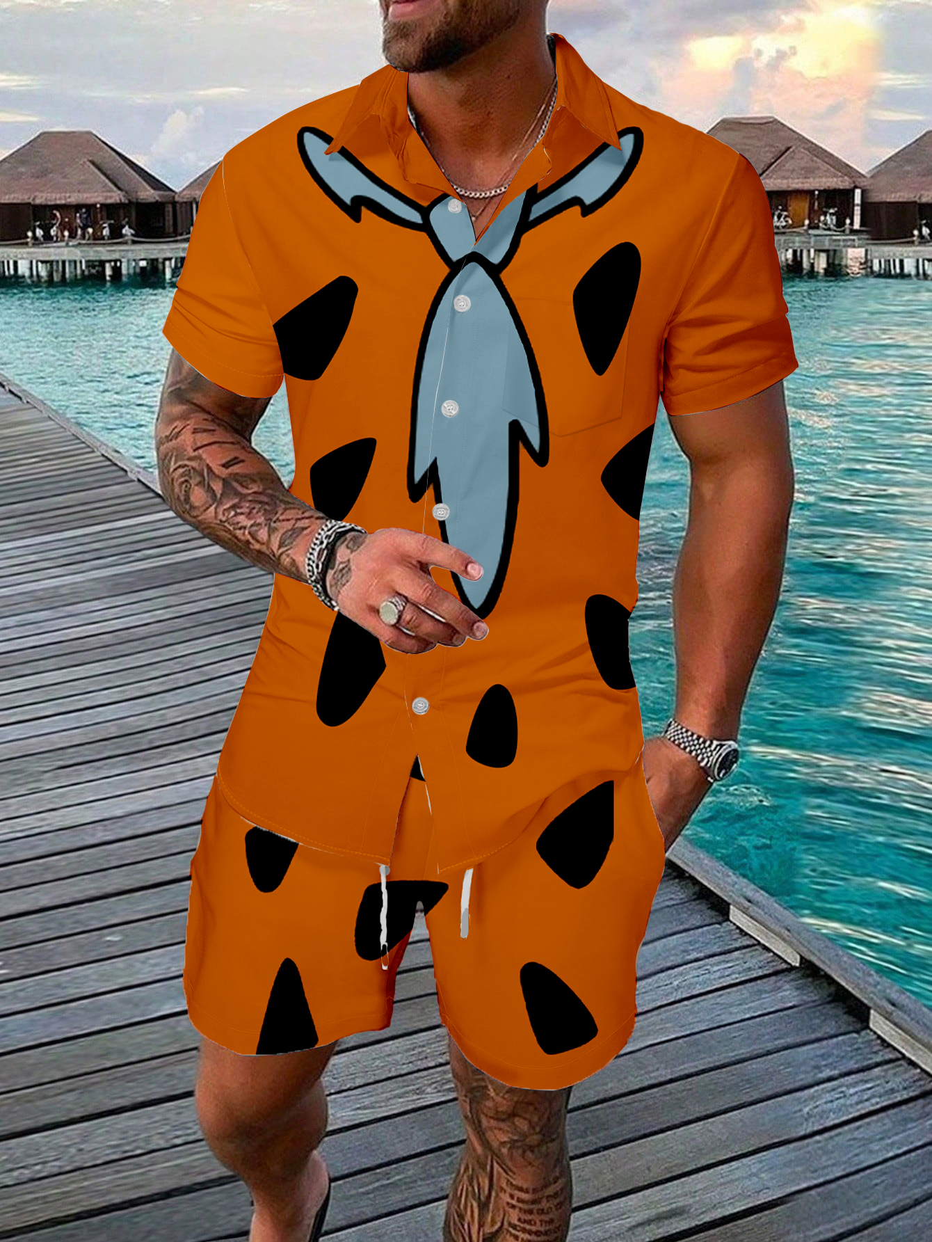 Men's Hawaiian Retro Fun Cartoon Movie Print Short Sleeve Shirts Shorts Set-Garamode