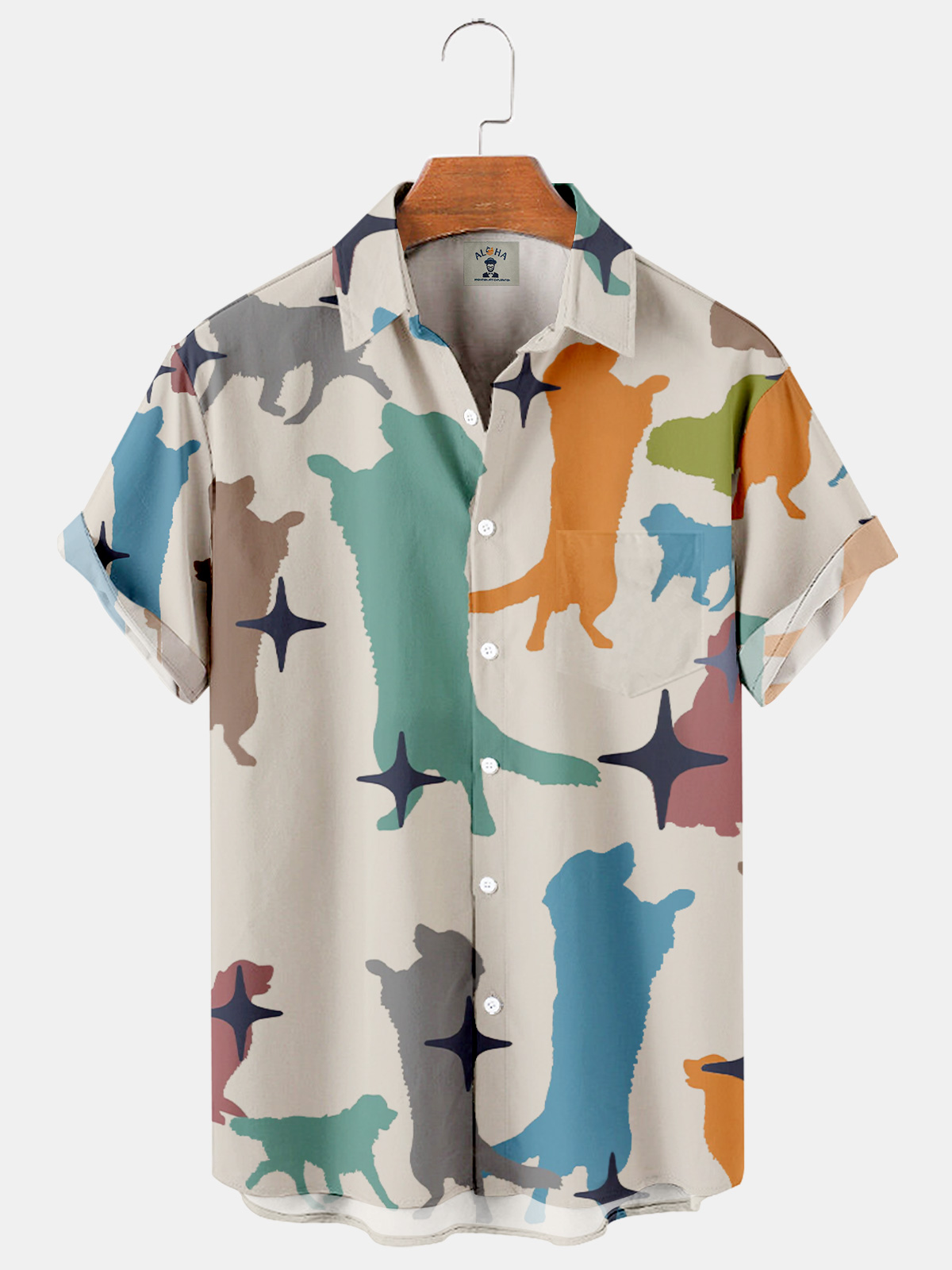 Men's Hawaiian Puppy Print Casual Loose Oversized Short Sleeve Shirt-Garamode