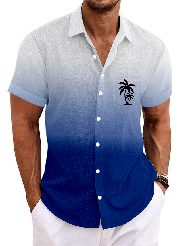 Men's Gradient Palm Tree Print Pocket Faux Linen Hawaiian Short Sleeve Shirt-Garamode