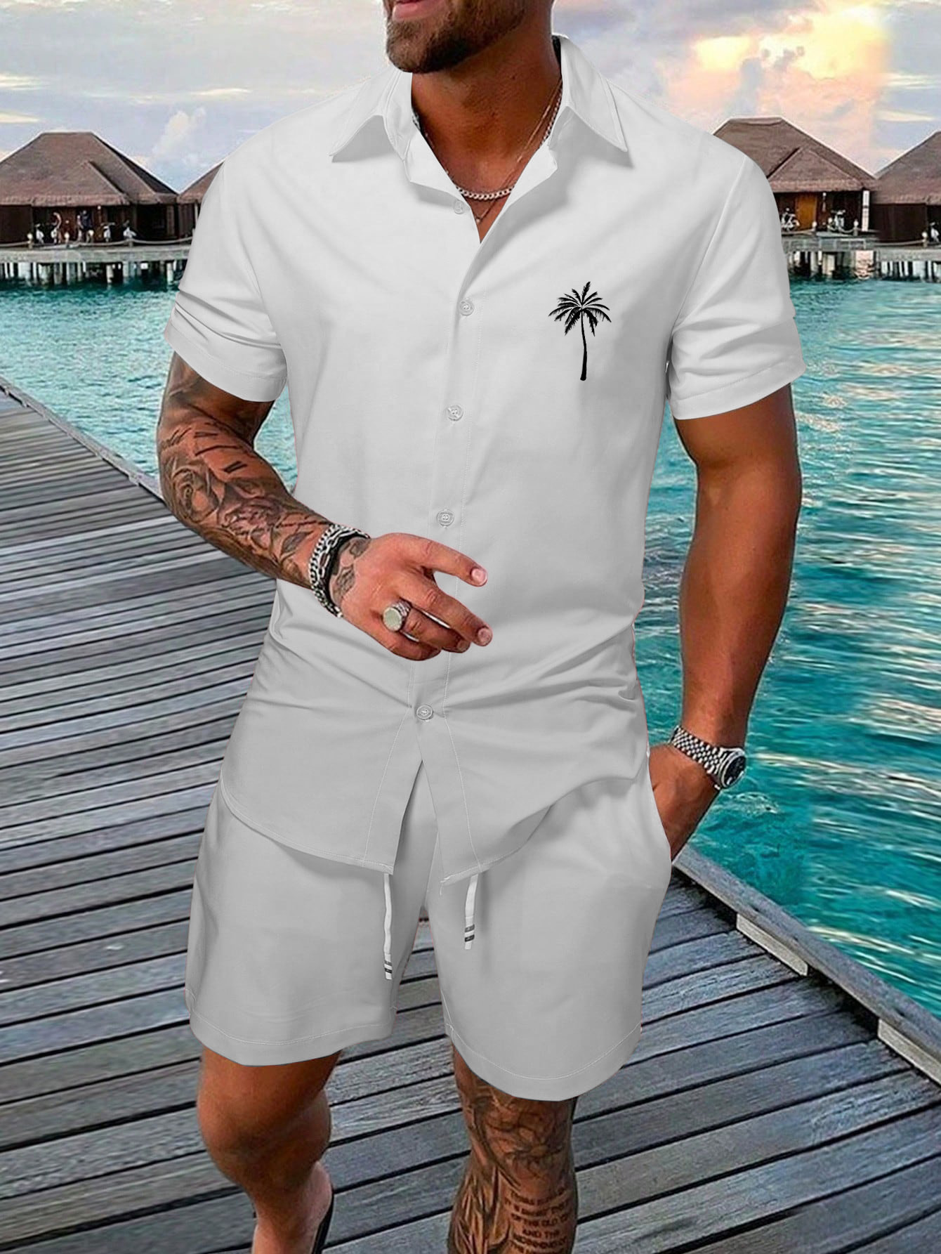 Men's Hawaiian Gradient Coconut Print Short Sleeve Shorts Set-Garamode