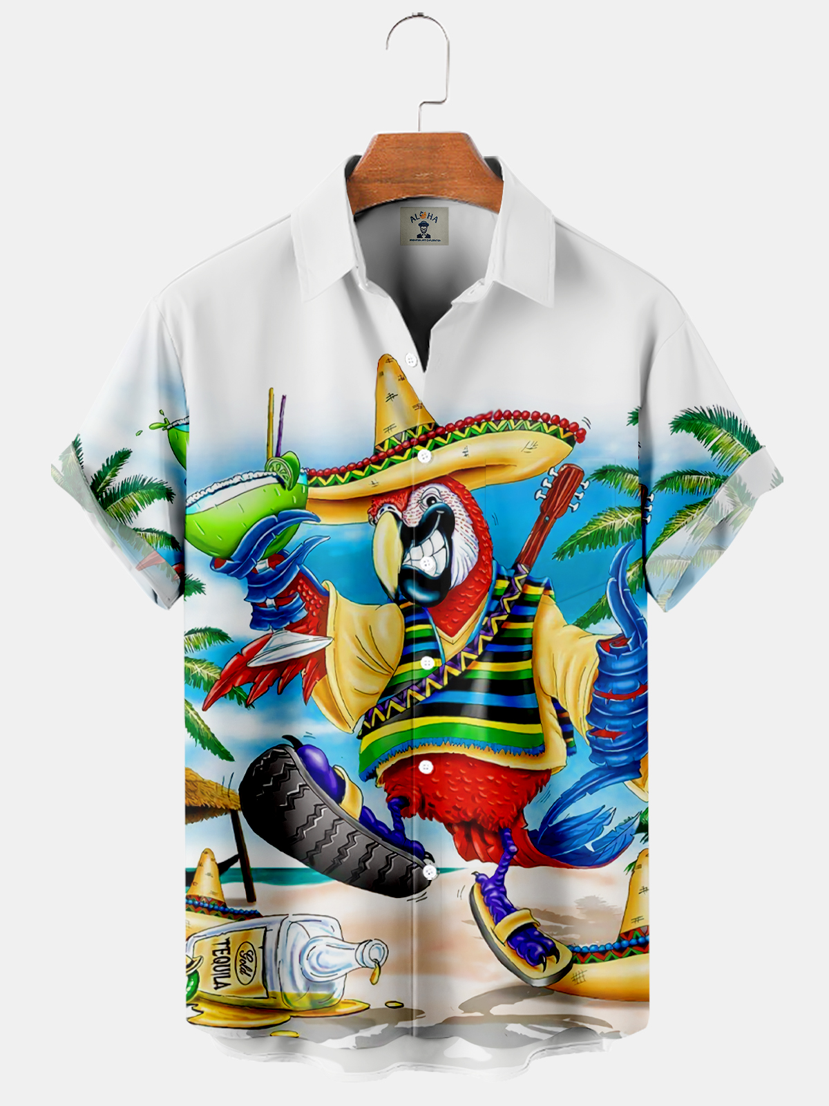 Men's Hawaiian Fun Parrot Cocktail Print Short Sleeve Shirt-Garamode