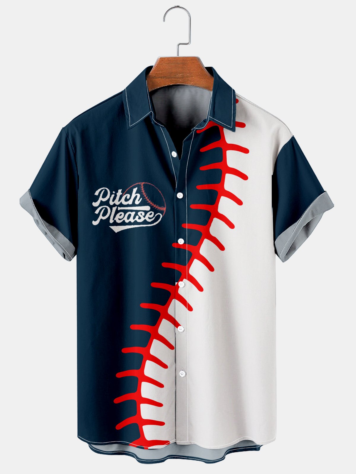 Men's Casual Patchwork Please Pitch Baseball Print Shirt-Garamode