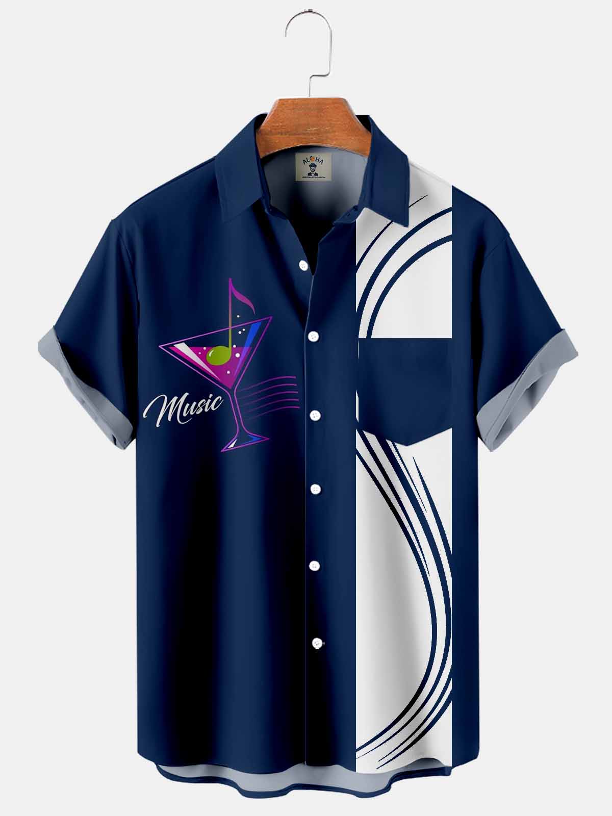 Men's Music Cocktail Line Print Pocket Hawaiian Short Sleeve Shirt-Garamode