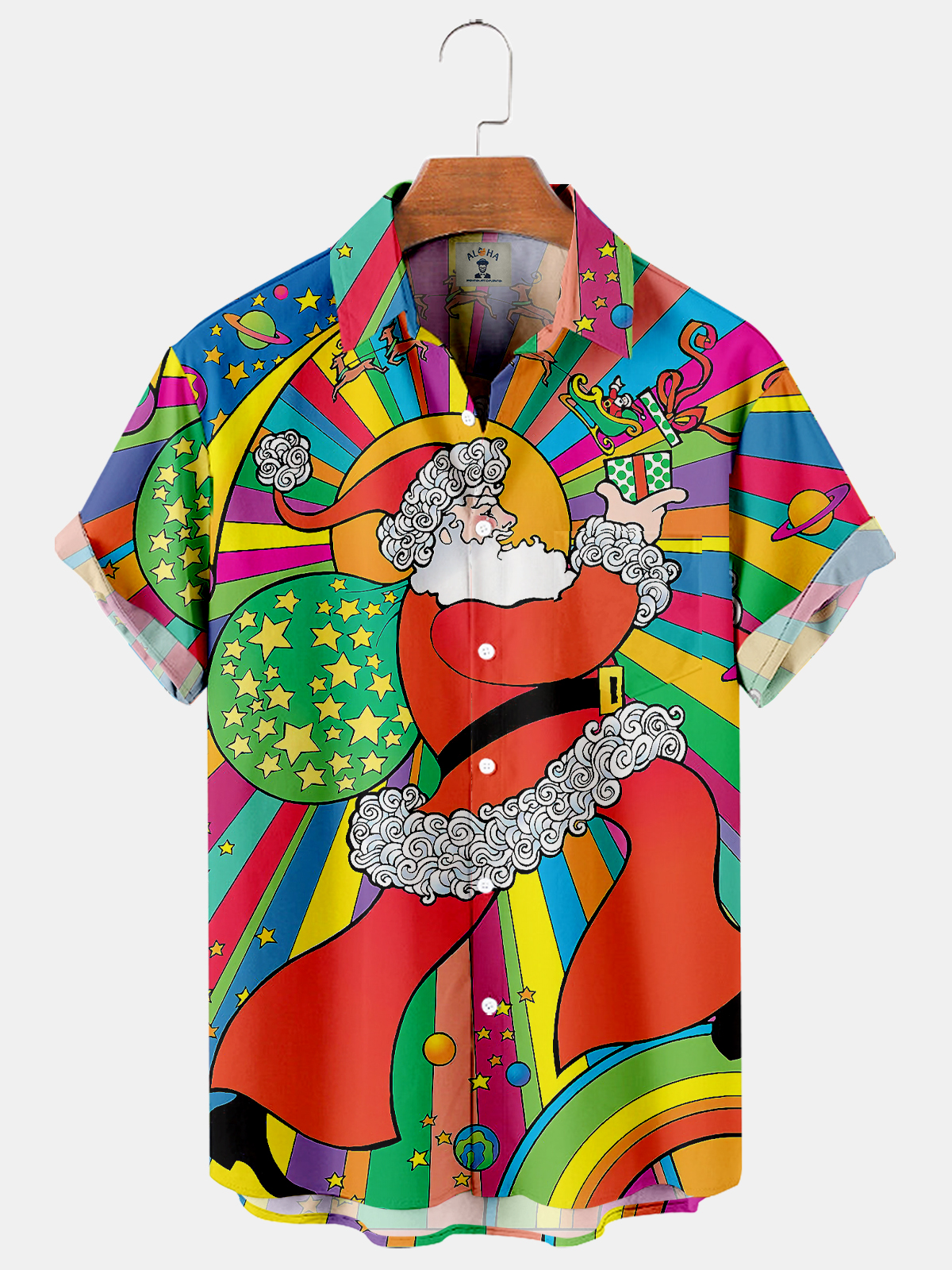 Men's Christmas Hippie Santa Print Short Sleeve Shirt-Garamode